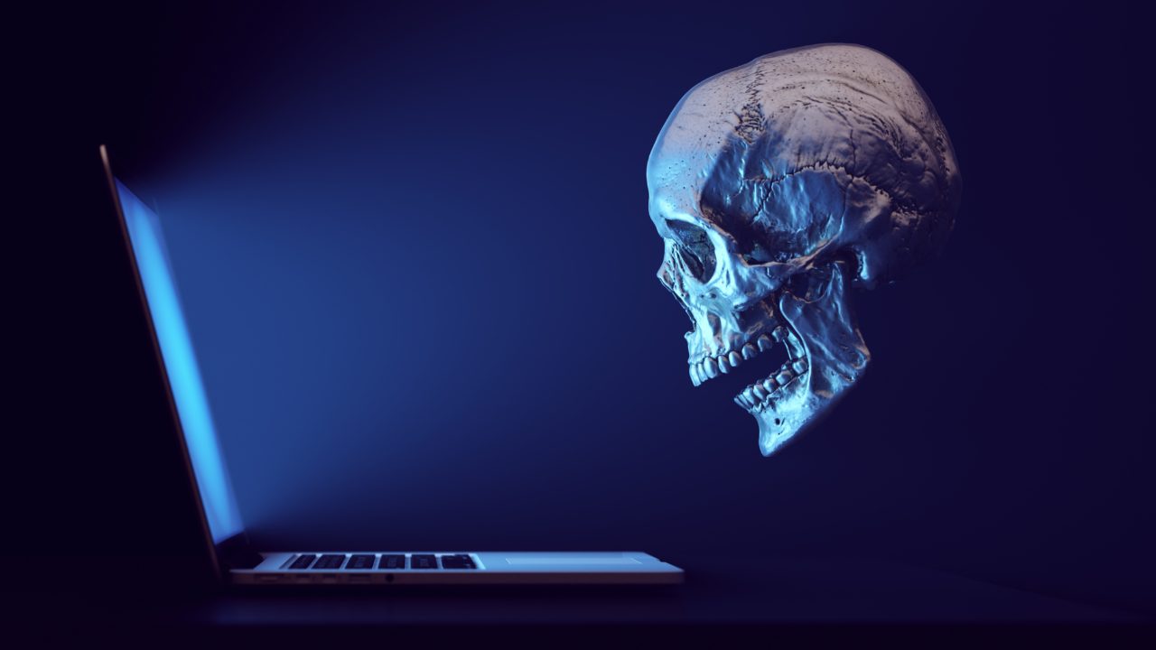 skull facing laptop